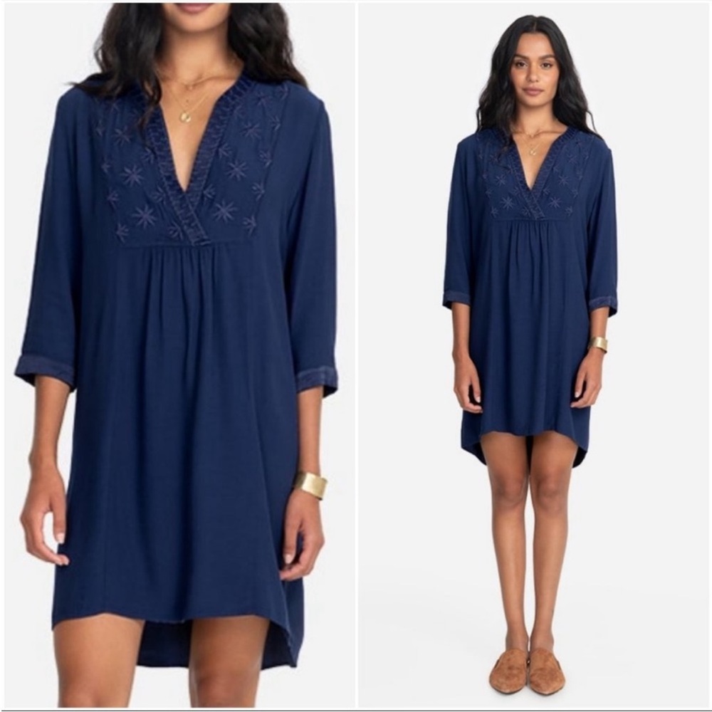 Johnny Was Calme Hi Lo Weekend Tunic Dress Snavy blue embroidered